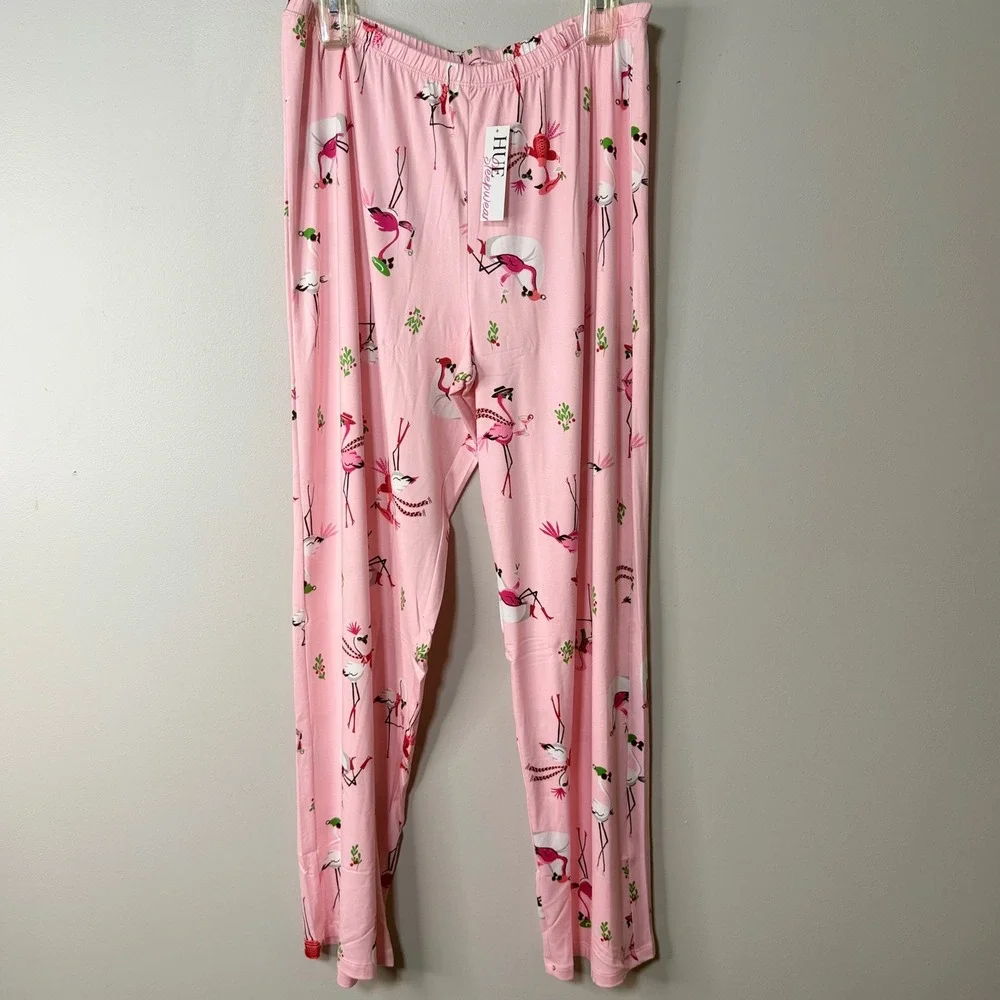 HUE Pajama Set Womens Large Pink Flamingo Long Sleeve Sleepwear Loungewear NWT